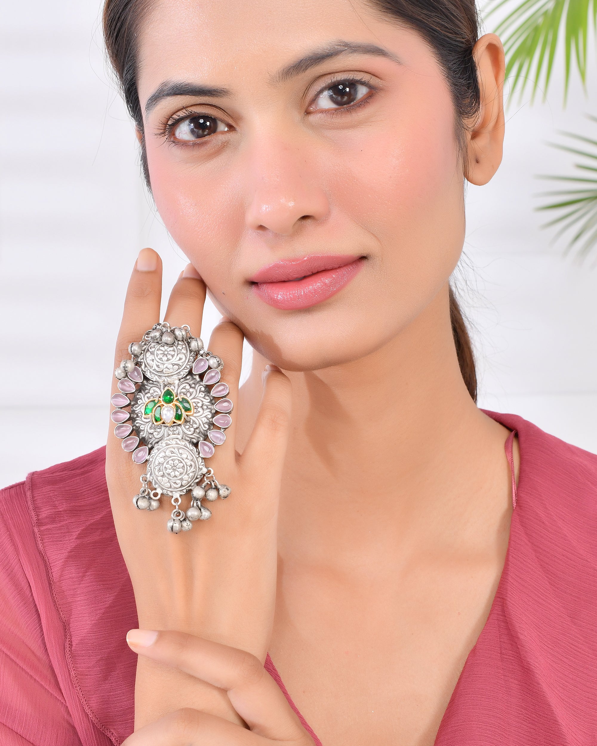 OXIDISED LOTUS KUNDAN RING